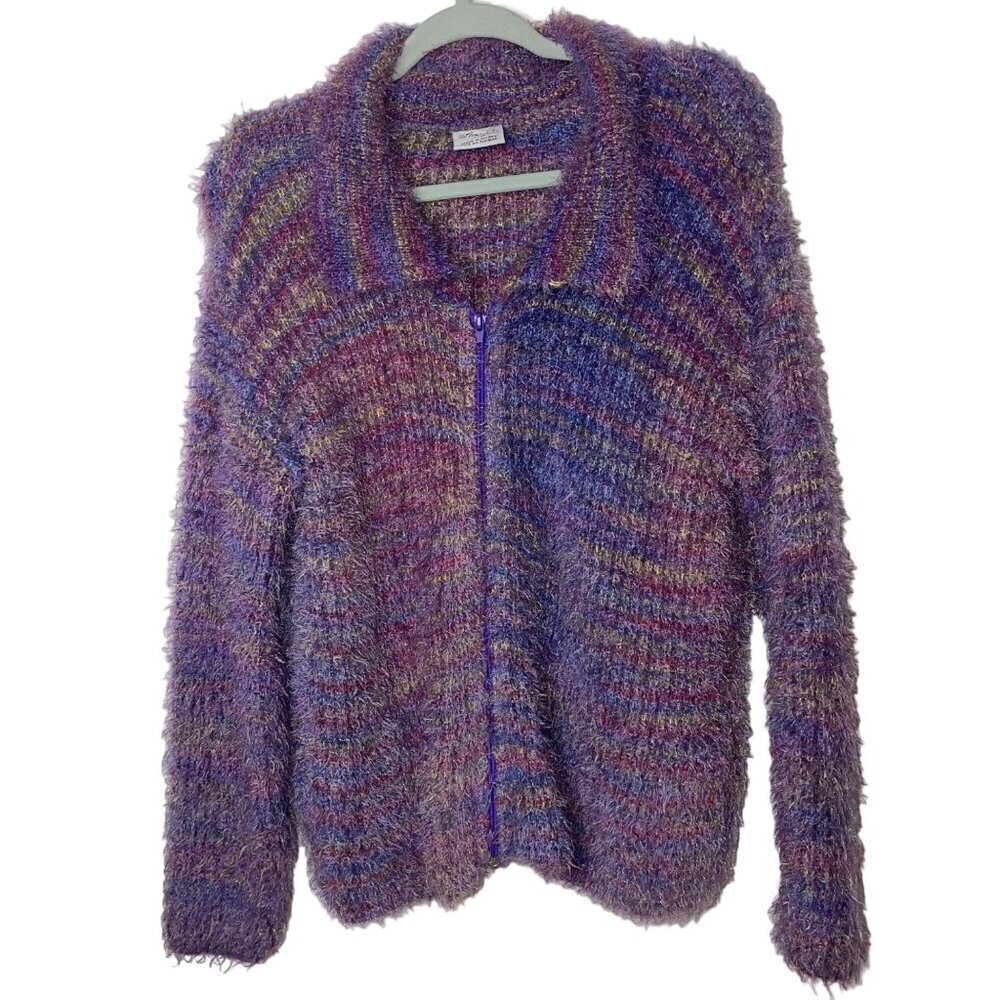 Miss B Vintage Womens Jacket Size Medium Purple Cardigan Knit Full Zip Collared